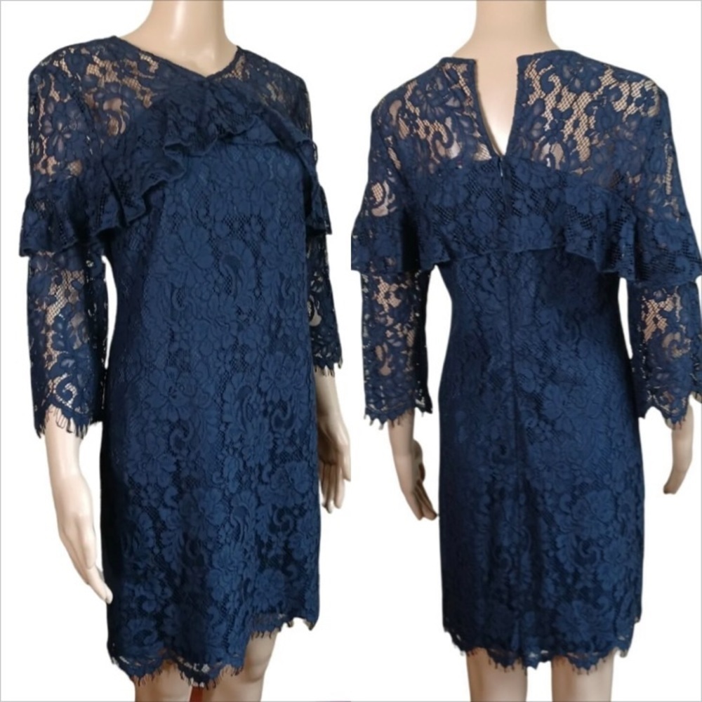 Trina Turk navy lace mini sheath dress with ruffle sleeves